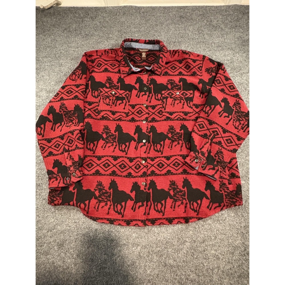 Bit & Bridle Shirt unisex 2XL Red Black Western Horse Aztec Fleece Shacket Snaps